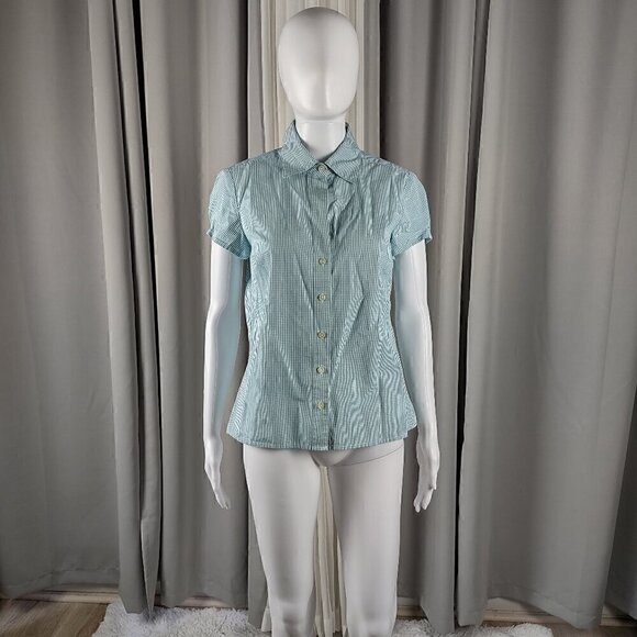 Ann Taylor 100% Cotton Blue White Checkered Short Sleeve Button Down Shirt Sz S - Picture 1 of 10
